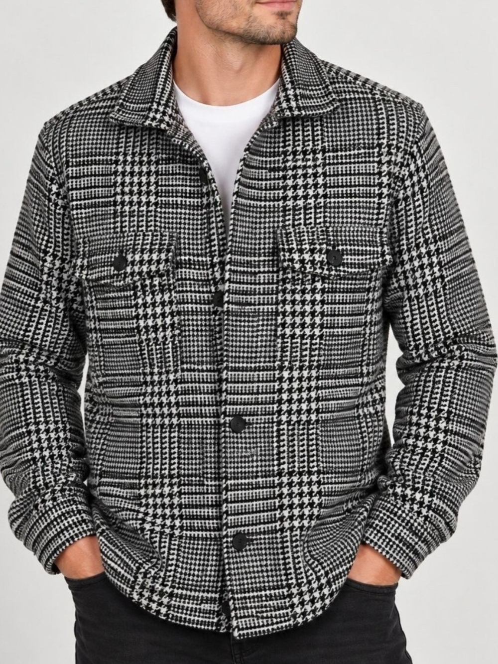 Zara Men's Black & White Glen Plaid Lightweight Shirt Jacket, Used.